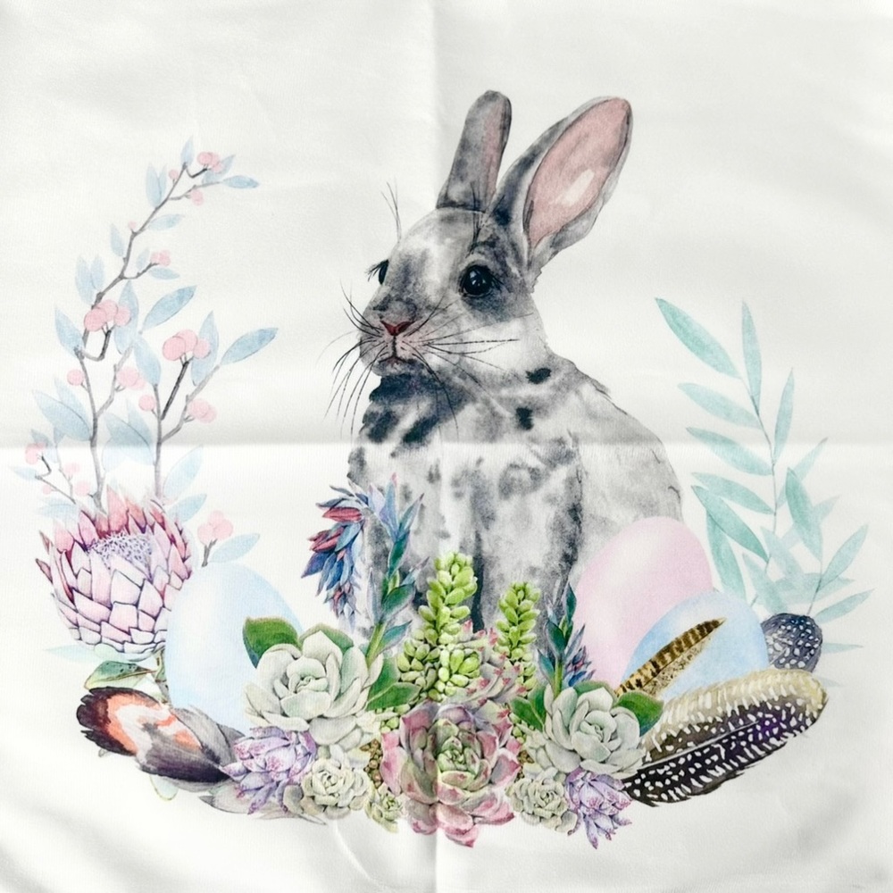 E Pillow Cover 18” Bunny Rabbit Succulents Feathers - Picture 1 of 5